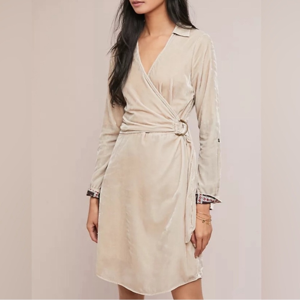 Maeve Cream Velvet Long Sleeve Wrap Dress
